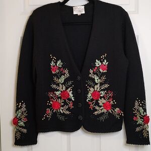 Vintage Susan Bristol Wool V-neck Cardigan Ribbon Embroidered Sweater Size S